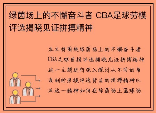 绿茵场上的不懈奋斗者 CBA足球劳模评选揭晓见证拼搏精神